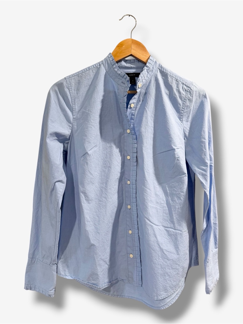 J. Crew Blue Button Down Shirt Size 4 Ruffle Pleated Trim Long Sleeve Preppy